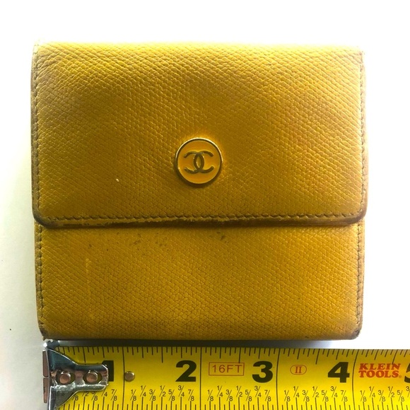 💛 Chanel Wallet Coco Button Double Snap Yellow Leather Compact Trifold Vintage - Picture 14 of 15